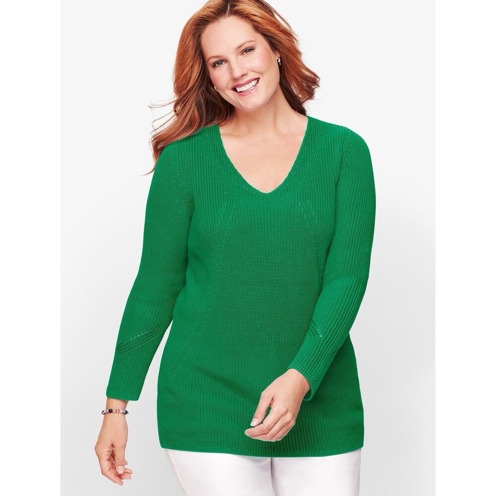Talbots XL Kelly Green 100% Pima Cotton V Neck Knit Sweater Long Sleeve